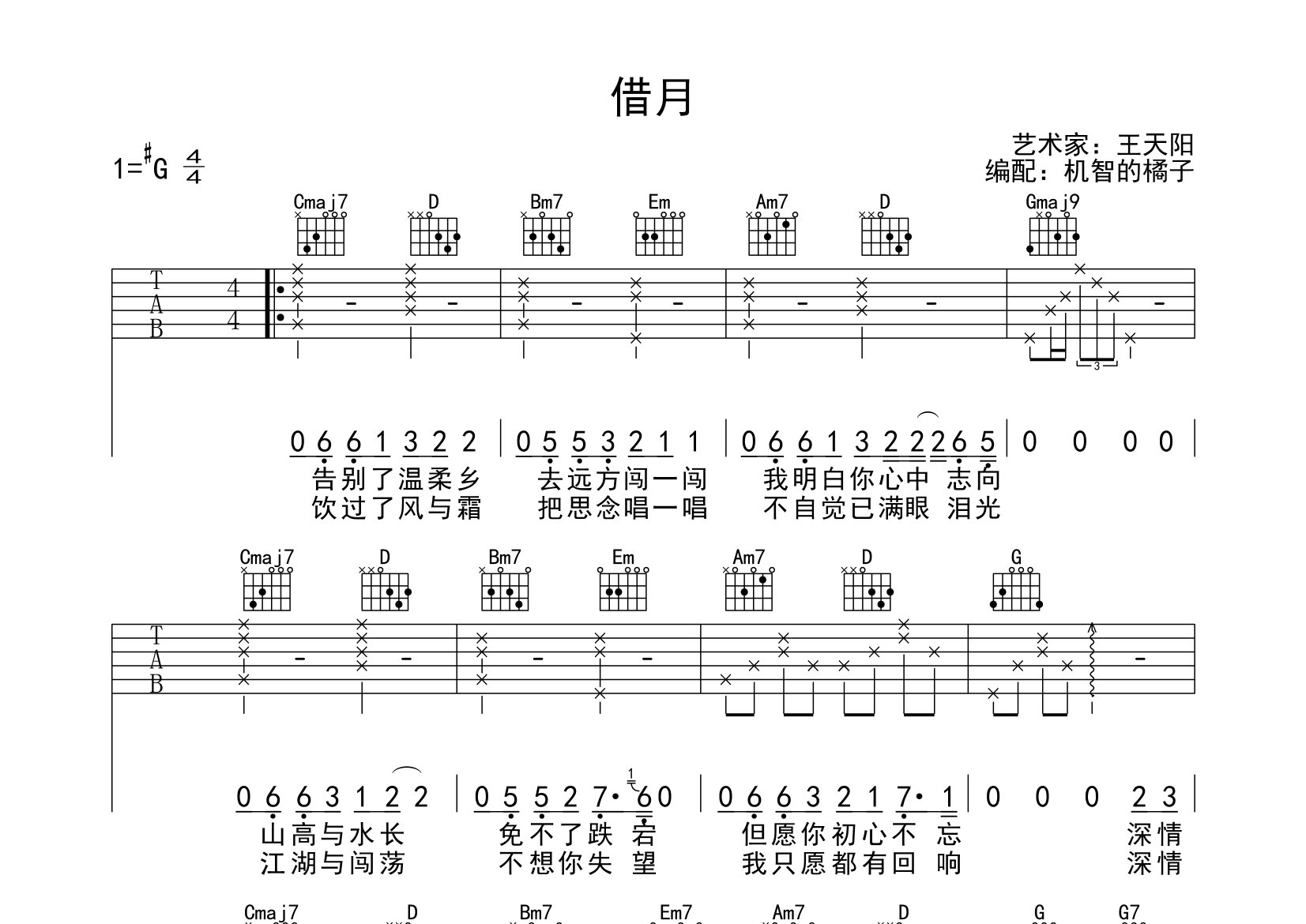 借月吉他谱_王天阳_g调弹唱六线谱_机智的橘子上传