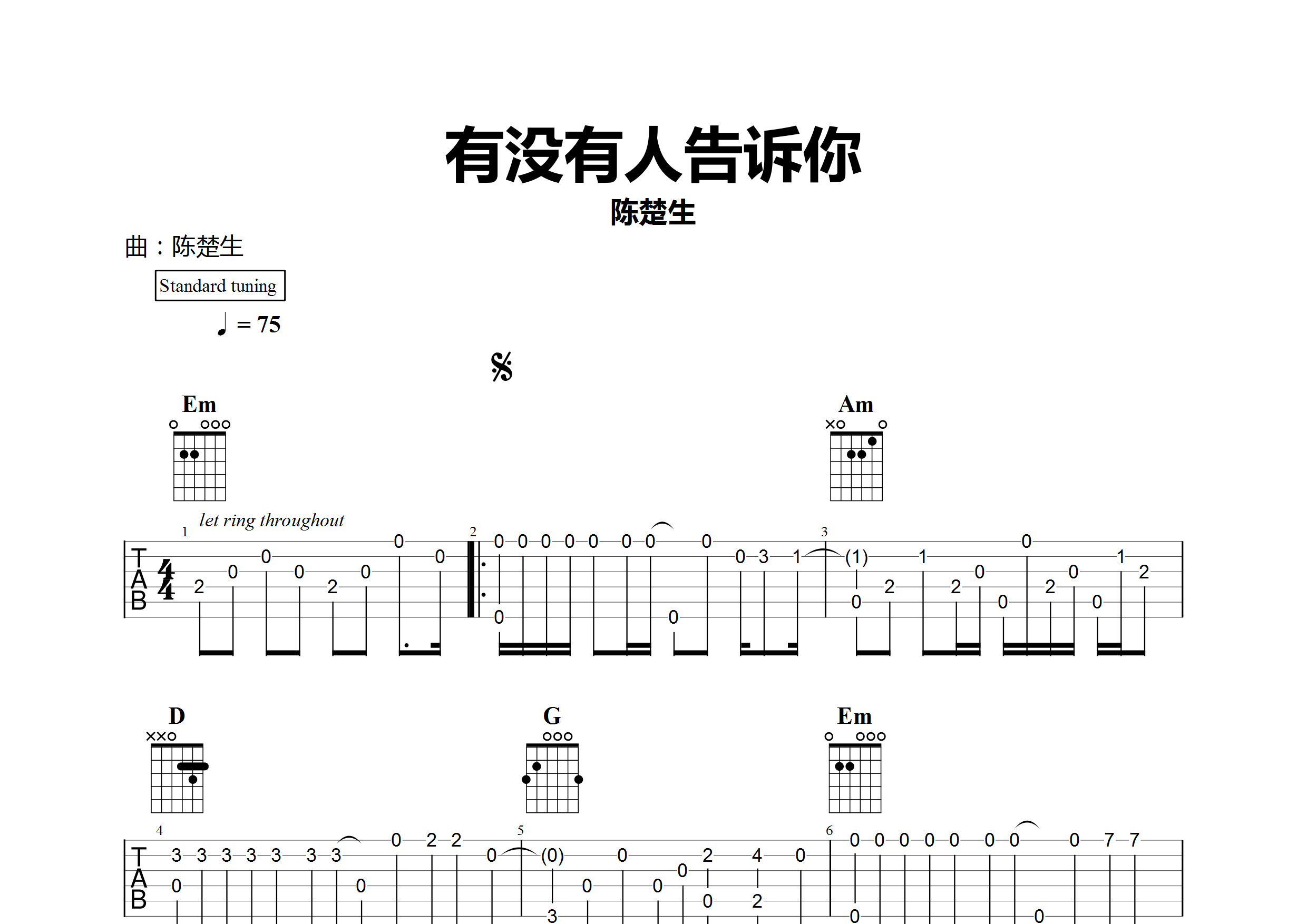 有没有人告诉你指弹吉他谱_陈楚生_独奏六线谱_弹走鱼尾纹上传