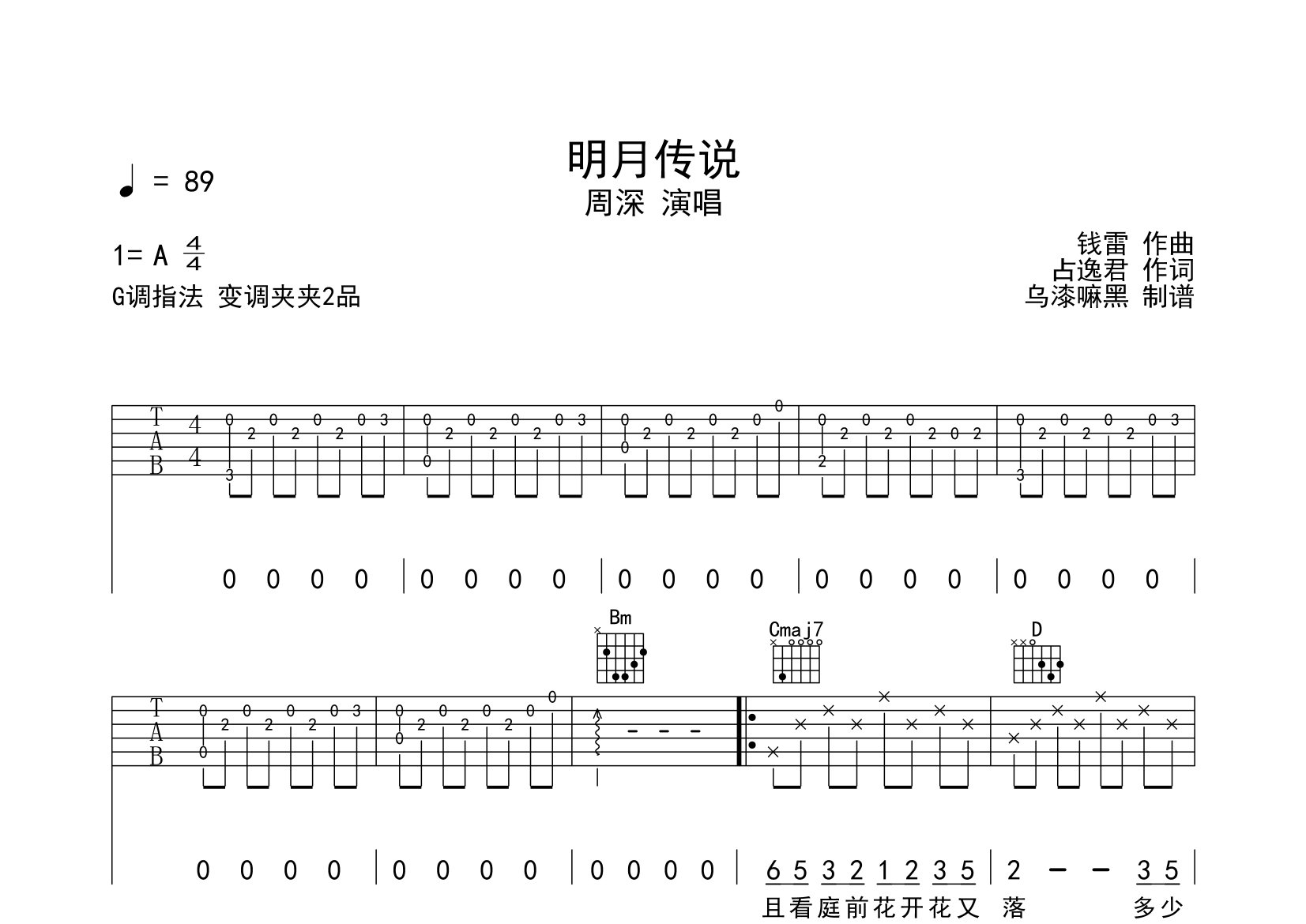 明月传说吉他谱_周深_G调弹唱六线谱_弹走鱼尾纹上传