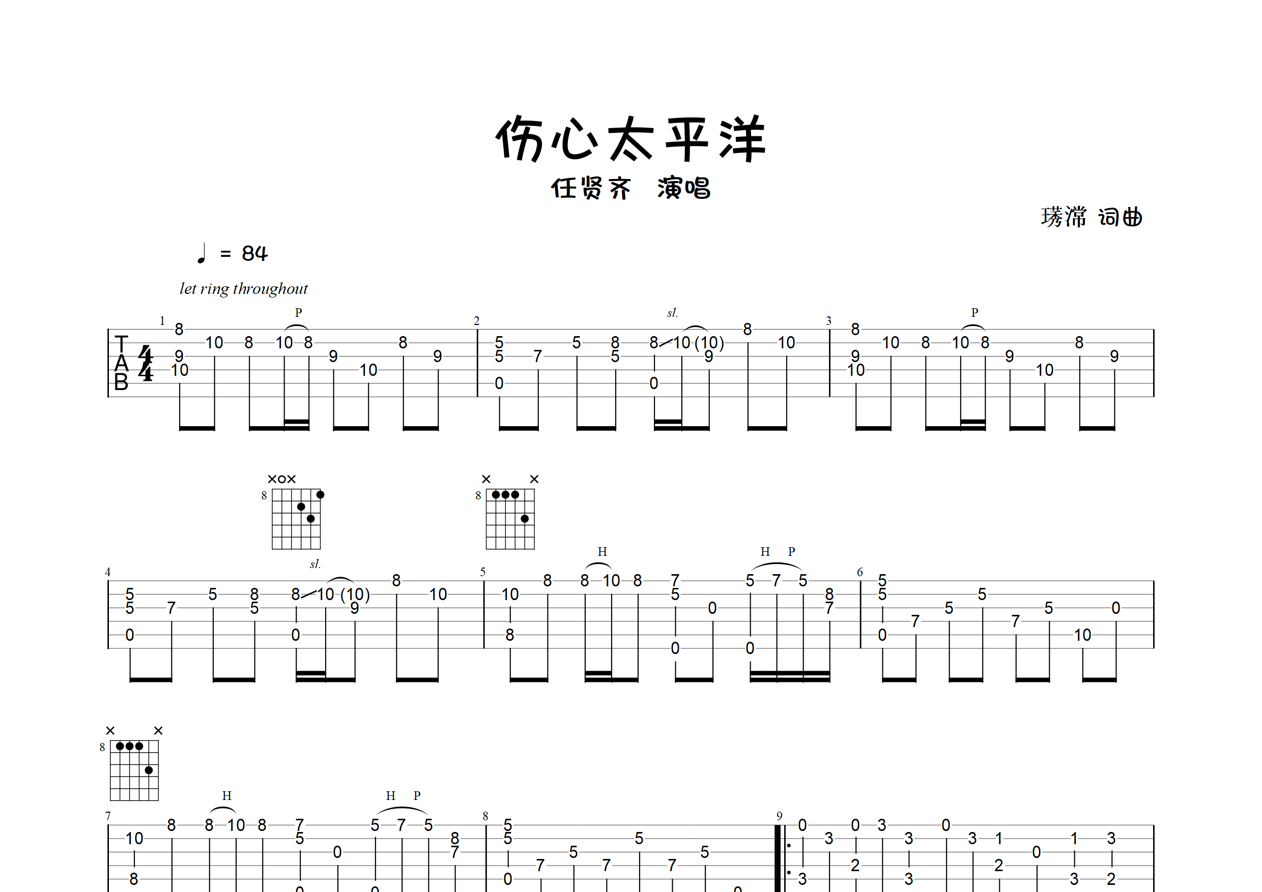伤心太平洋指弹吉他谱_任贤齐_独奏六线谱_弹走鱼尾纹上传