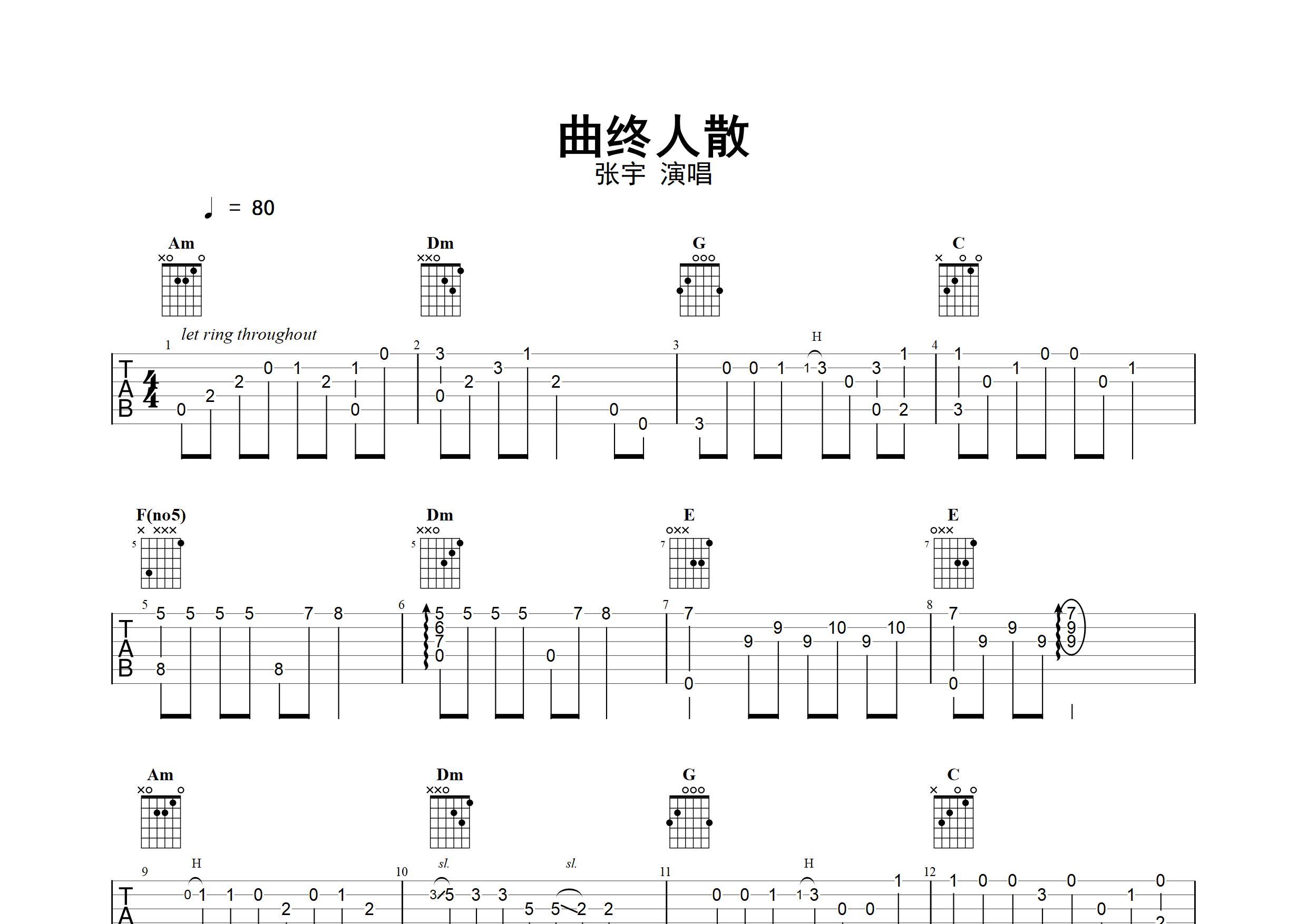 曲终人散指弹吉他谱_张宇_独奏六线谱_弹走鱼尾纹上传