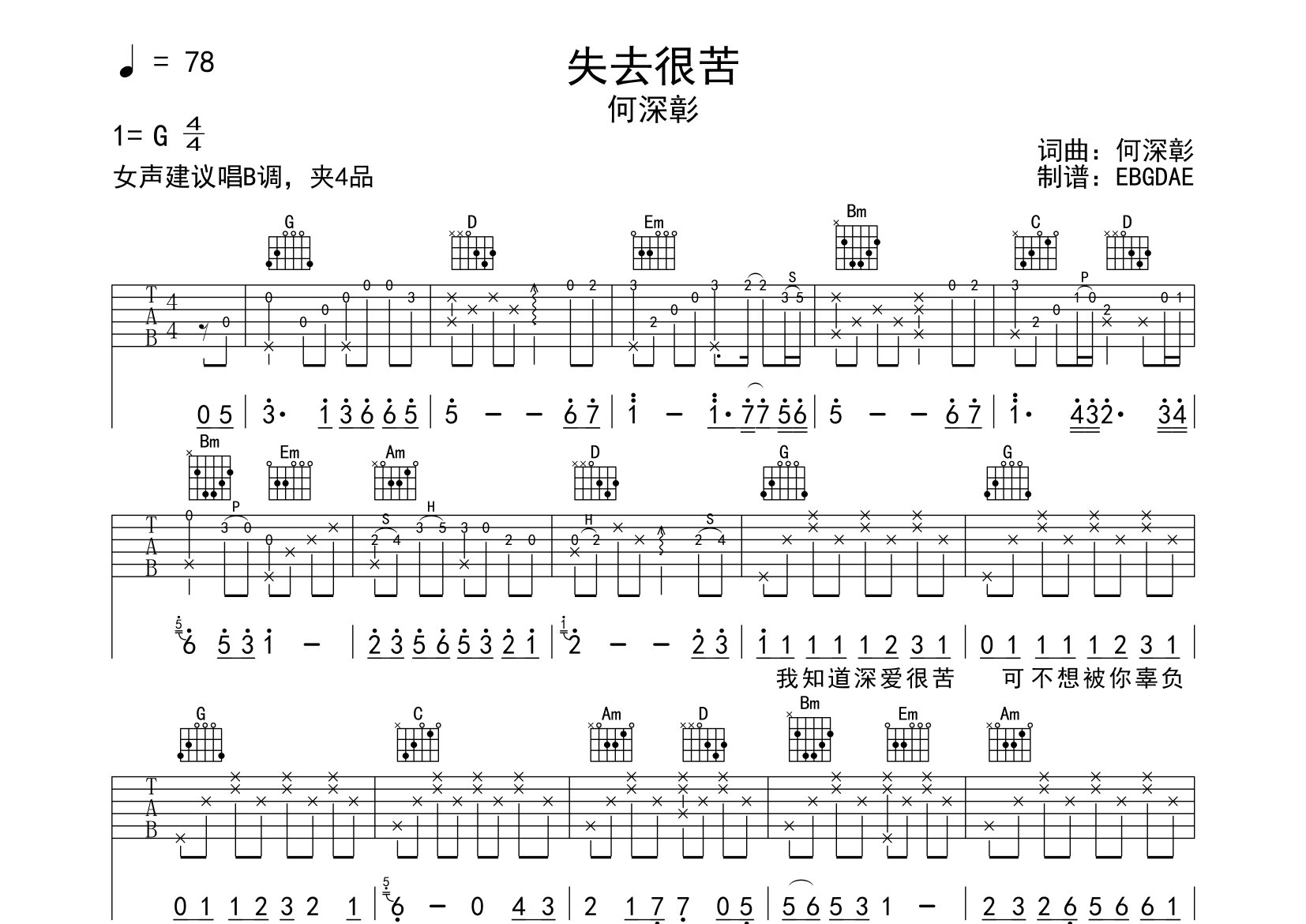 失去很苦吉他谱_何深彰_G调弹唱六线谱_EBGDAE上传