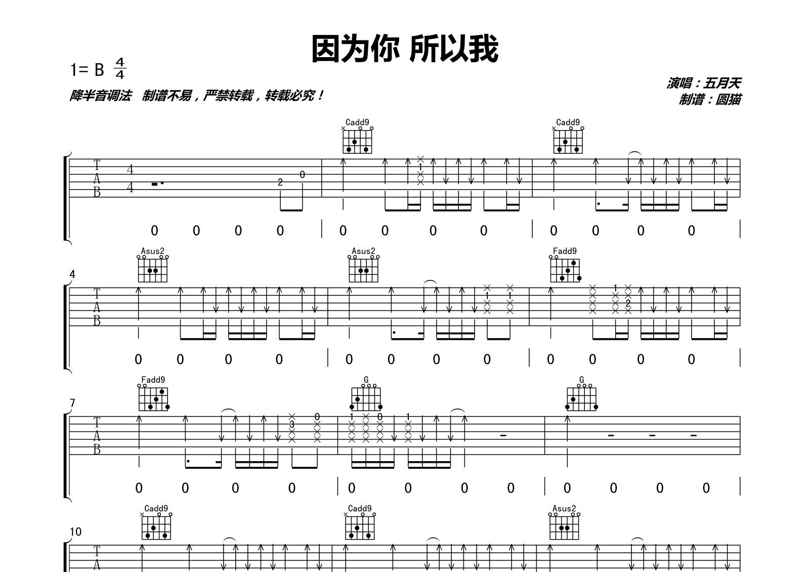 因为你所以我吉他谱_五月天_C调弹唱六线谱_圆猫上传