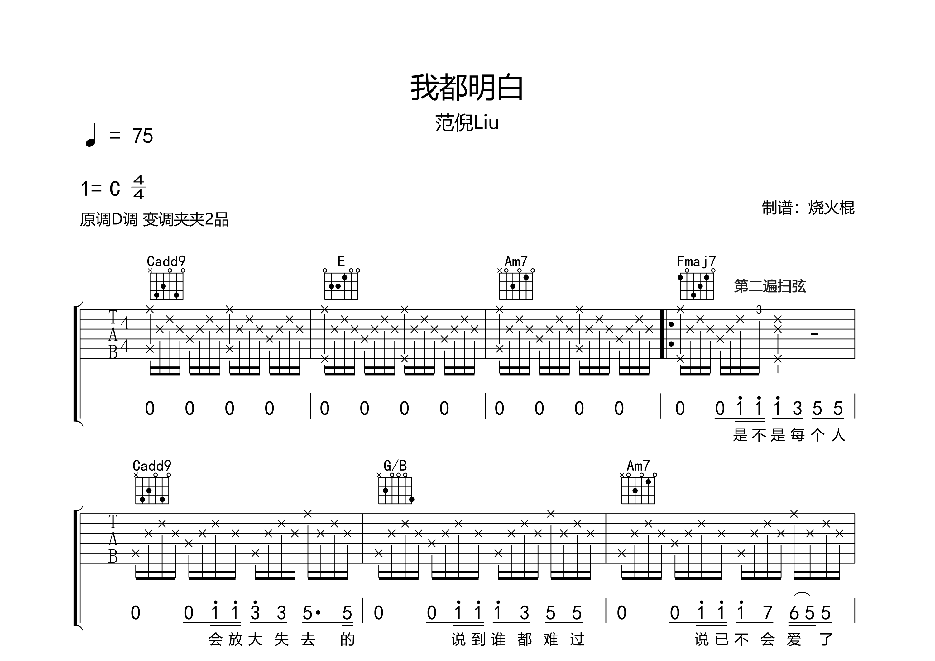 我都明白吉他譜_範倪liu_c調彈唱六線譜_燒火棍上傳