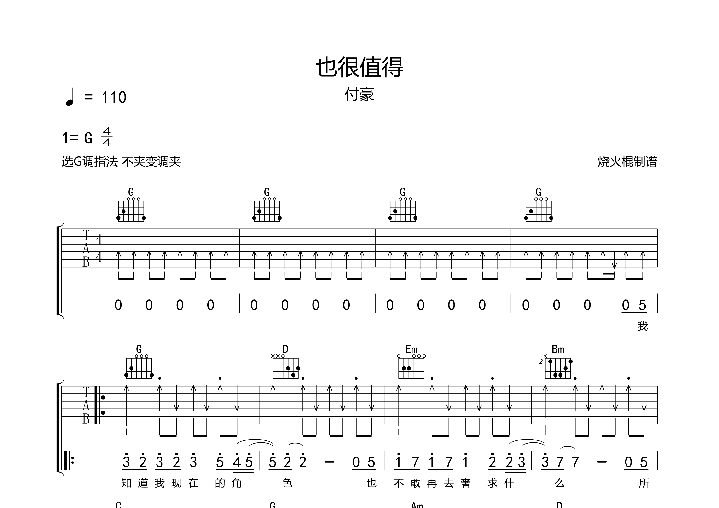 也很值得吉他谱_付豪_g调弹唱六线谱_烧火棍上传