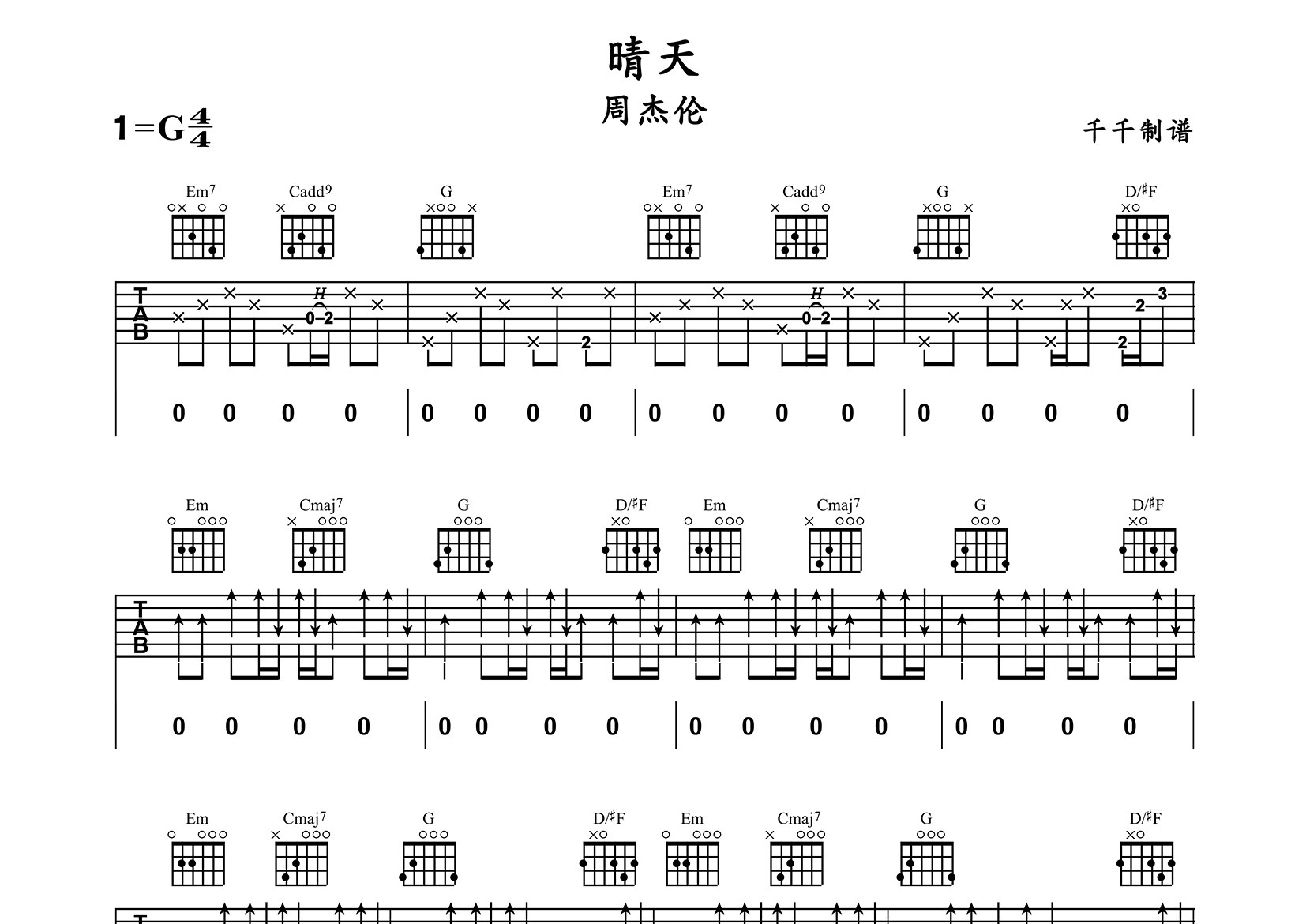 晴天吉他谱_周杰伦_G调弹唱六线谱_千千曲谱上传
