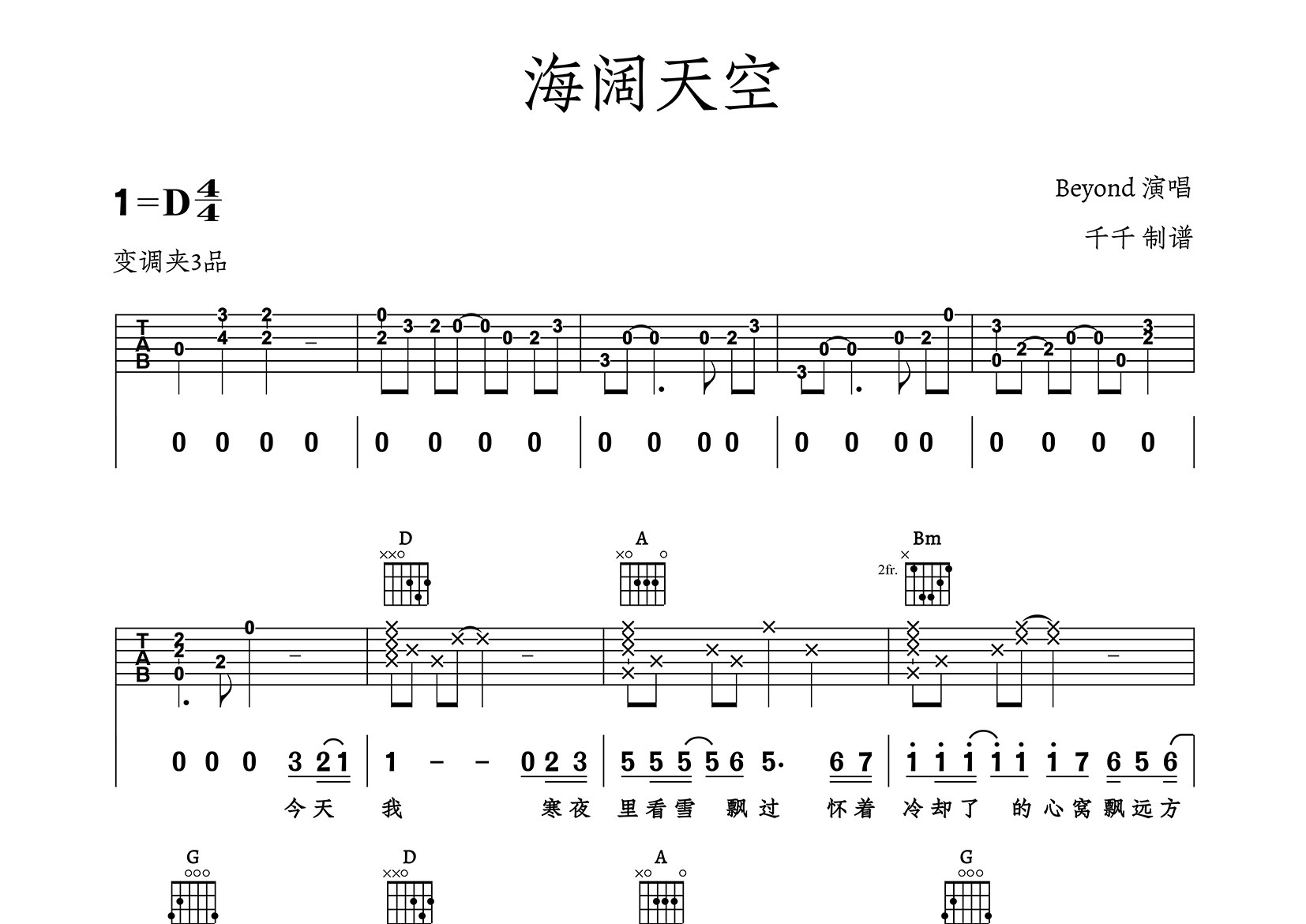 海阔天空吉他谱_黄家驹_D调弹唱六线谱_千千曲谱上传