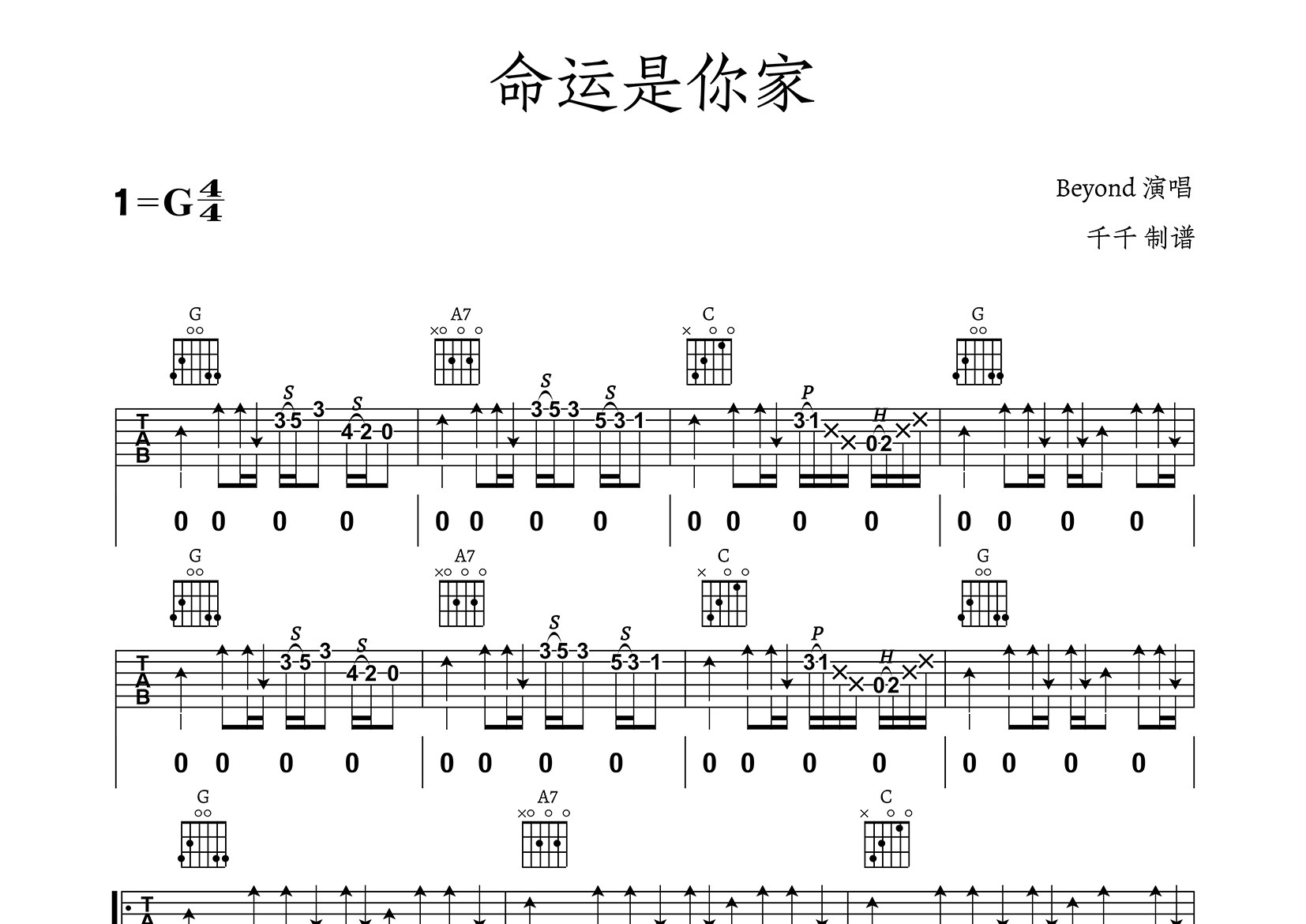 命运是你家吉他谱_Beyond_G调弹唱六线谱_千千曲谱上传