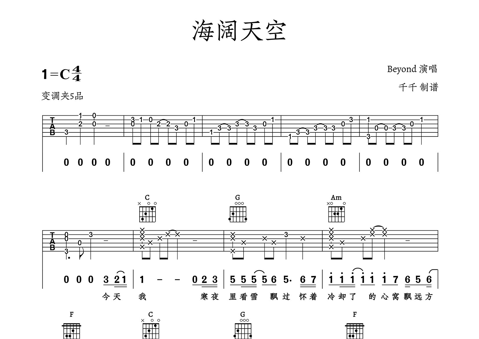 海阔天空吉他谱_Beyond_C调弹唱六线谱_千千曲谱上传