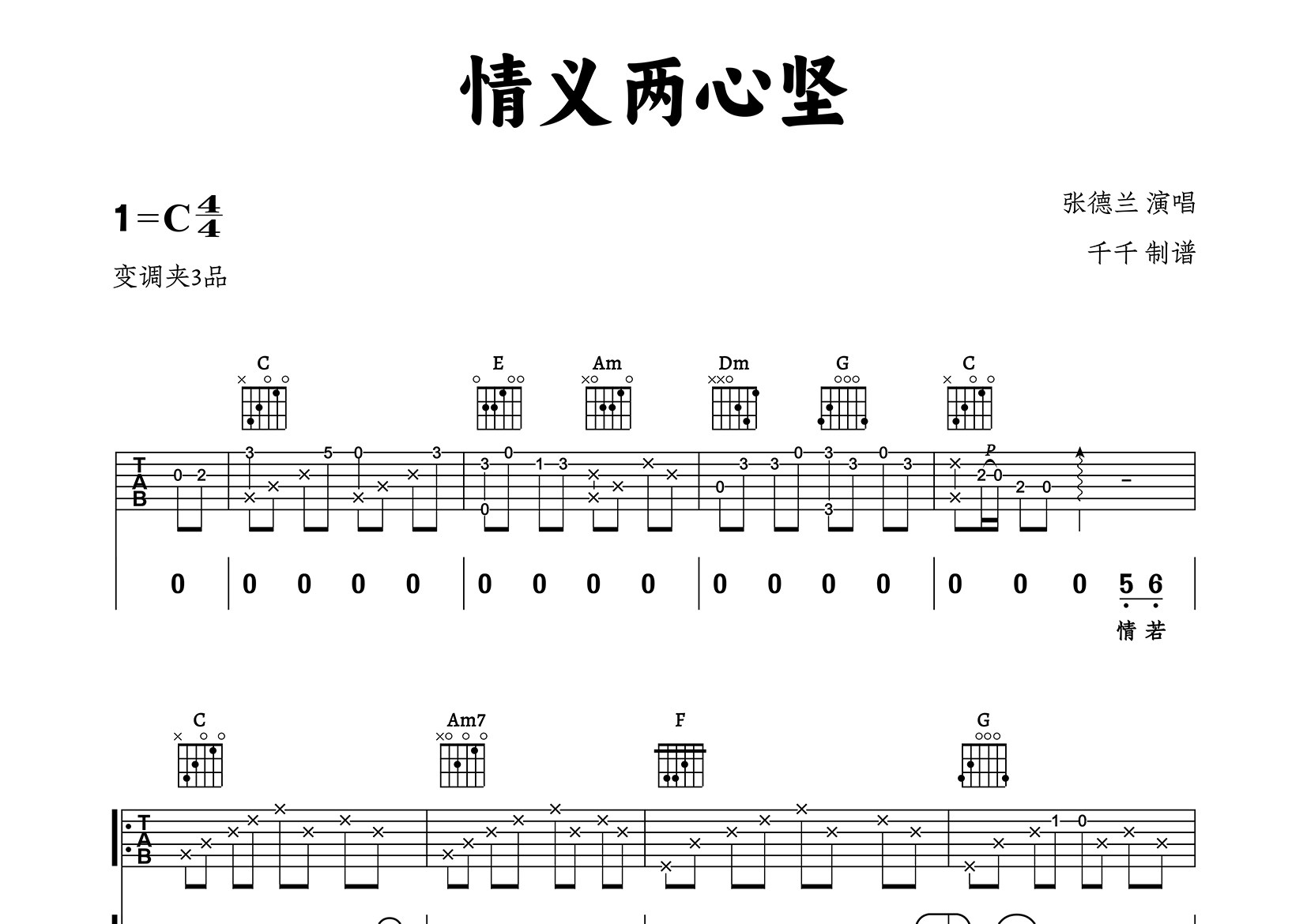 情义两心坚吉他谱_张德兰_C调弹唱六线谱_千千曲谱上传