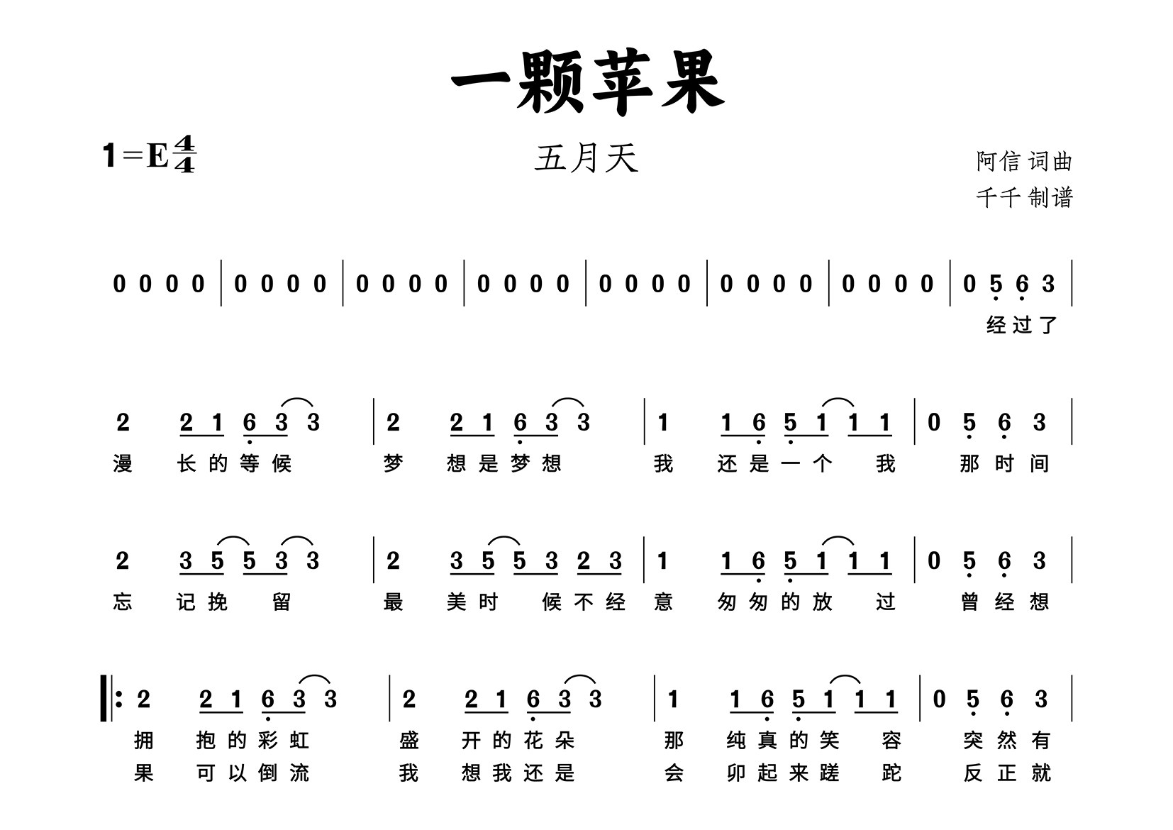 一颗苹果简谱_五月天_歌曲简谱_千千曲谱上传