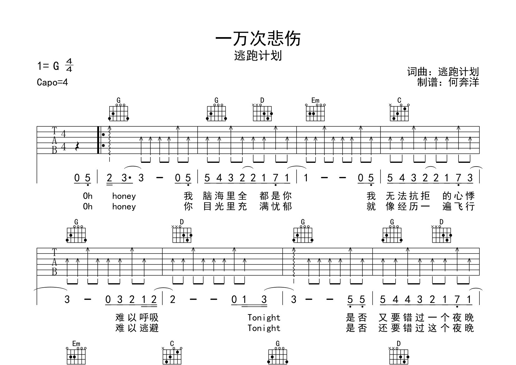一万次悲伤吉他谱_逃跑计划_G调弹唱六线谱_飞韵吉他上传