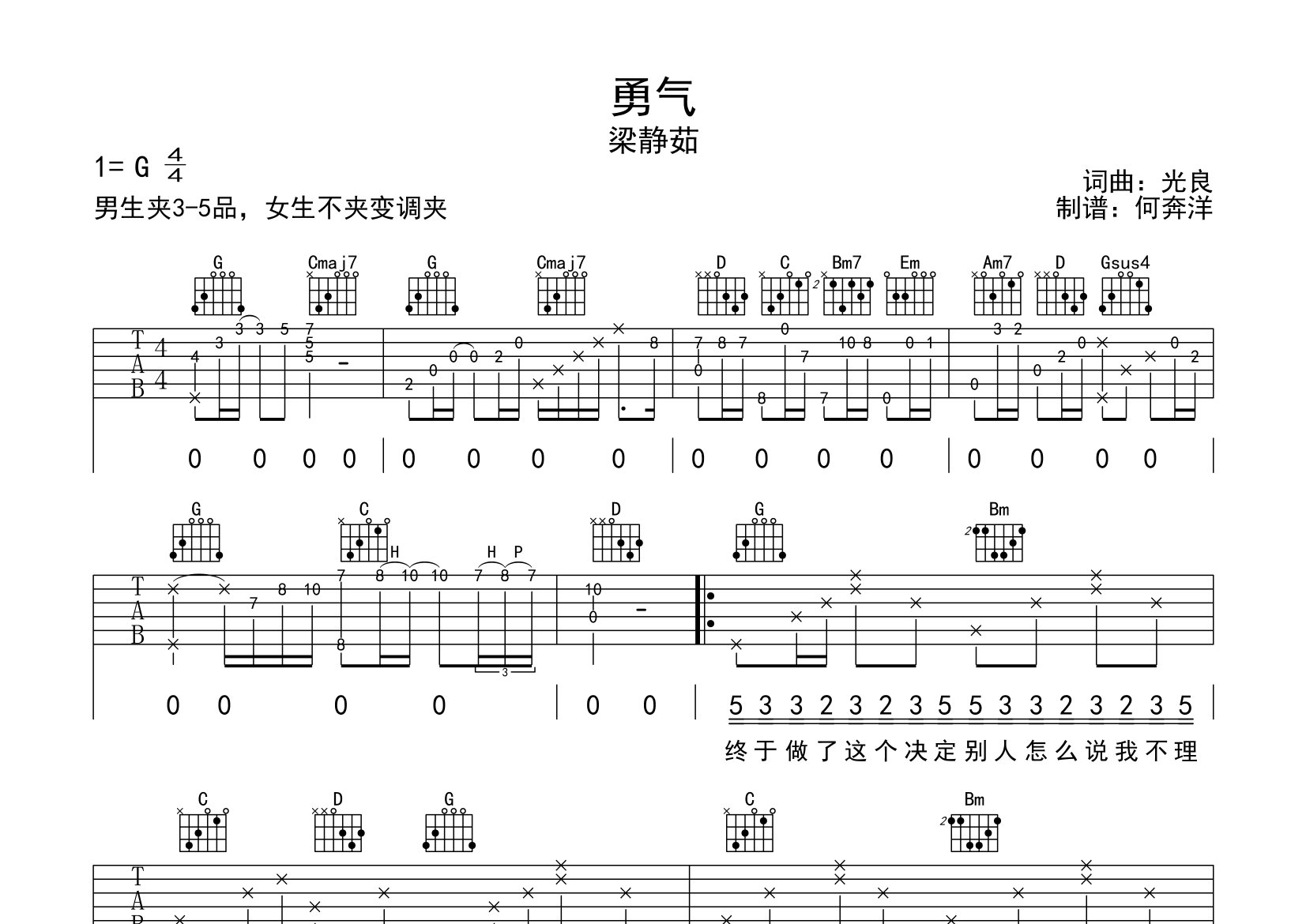 勇气吉他谱_梁静茹_G调弹唱六线谱_飞韵吉他上传