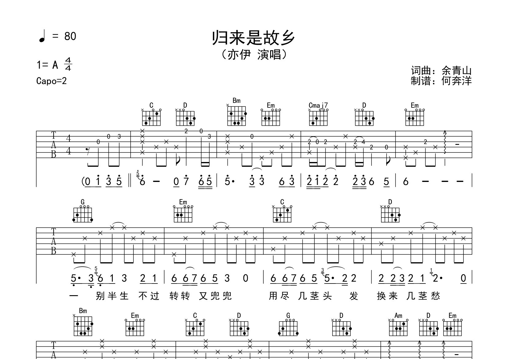 归来是故乡吉他谱_亦伊_G调弹唱六线谱_飞韵吉他上传