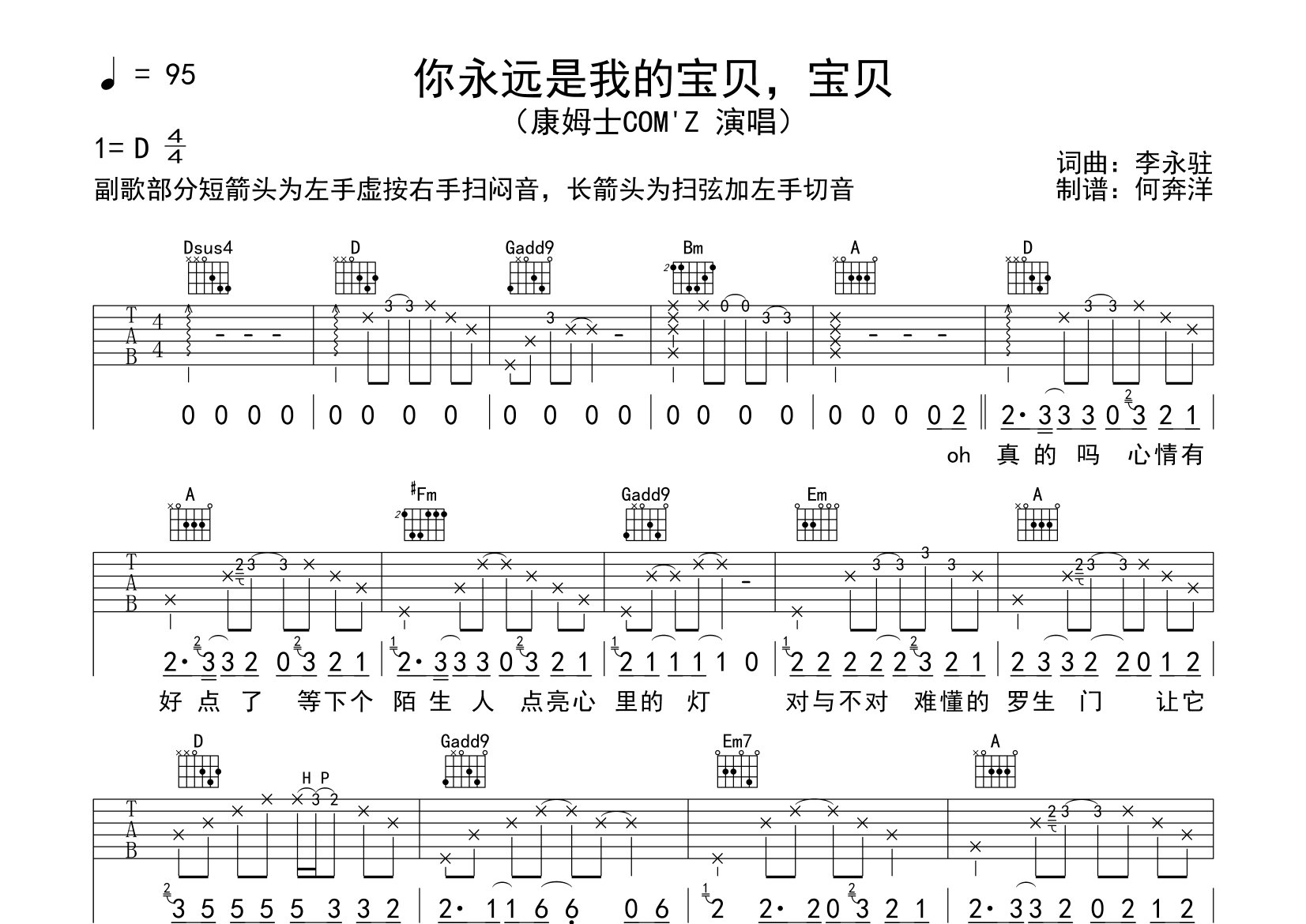 你永远是我的宝贝吉他谱_康姆士乐团_D调弹唱六线谱_飞韵吉他上传