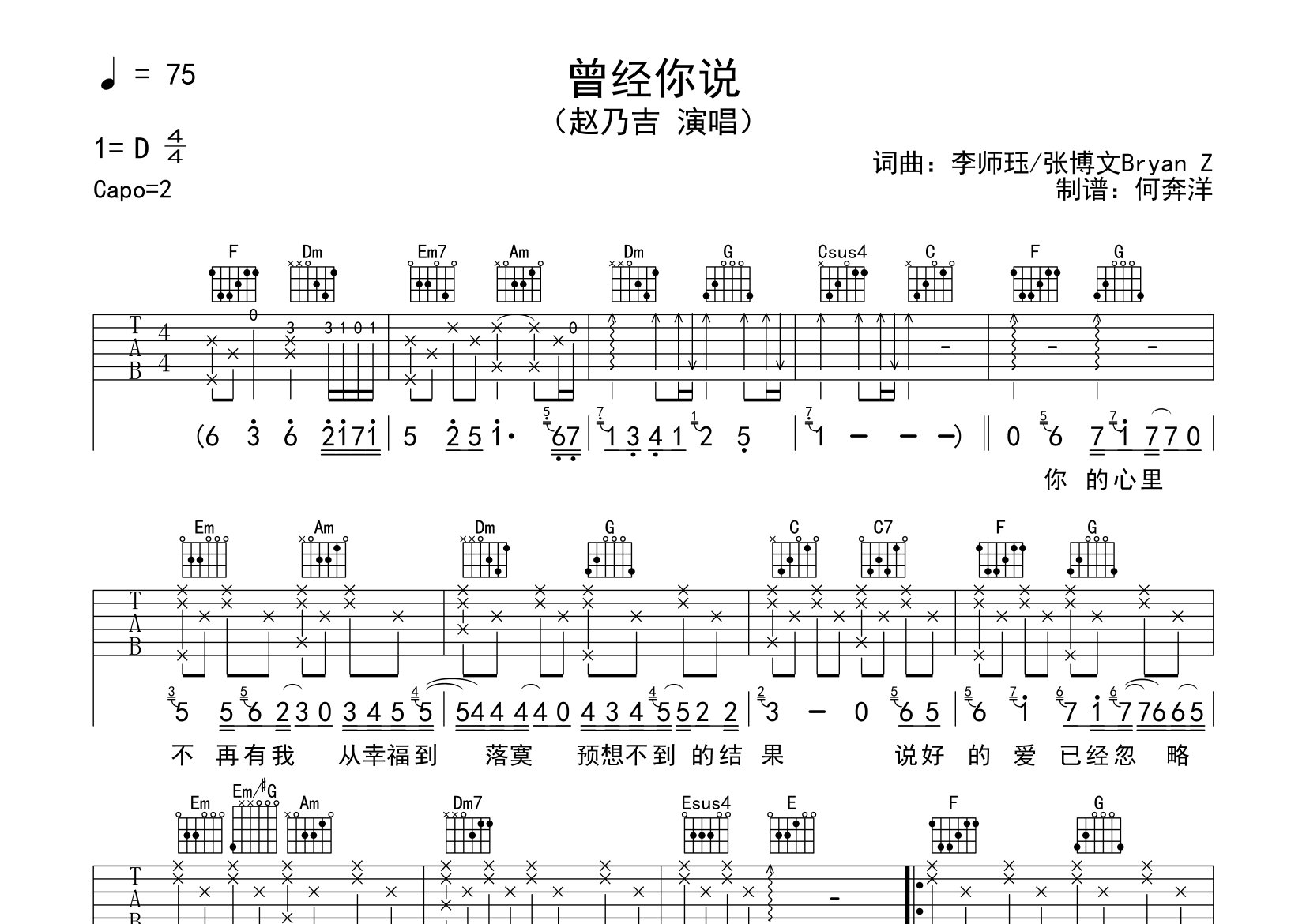 曾经你说吉他谱_赵乃吉_C调弹唱六线谱_飞韵吉他上传