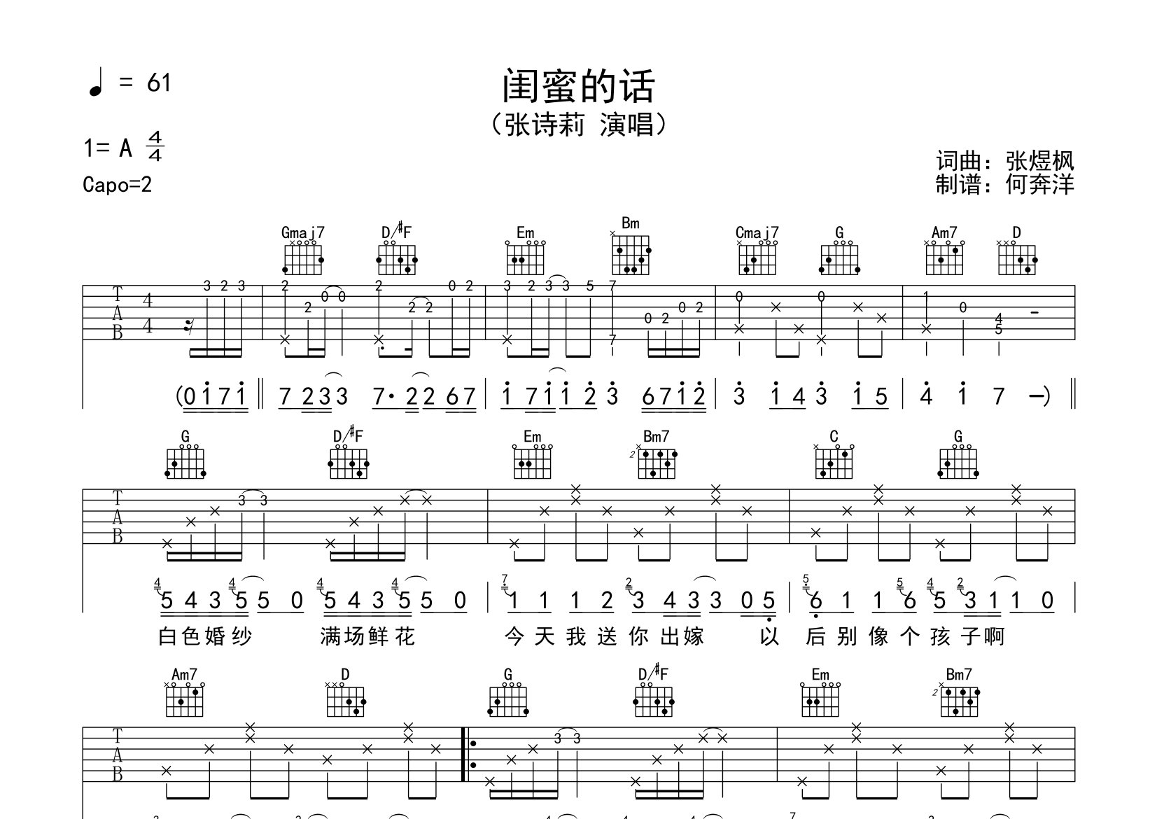 闺蜜的话吉他谱_张诗莉_G调弹唱六线谱_飞韵吉他上传