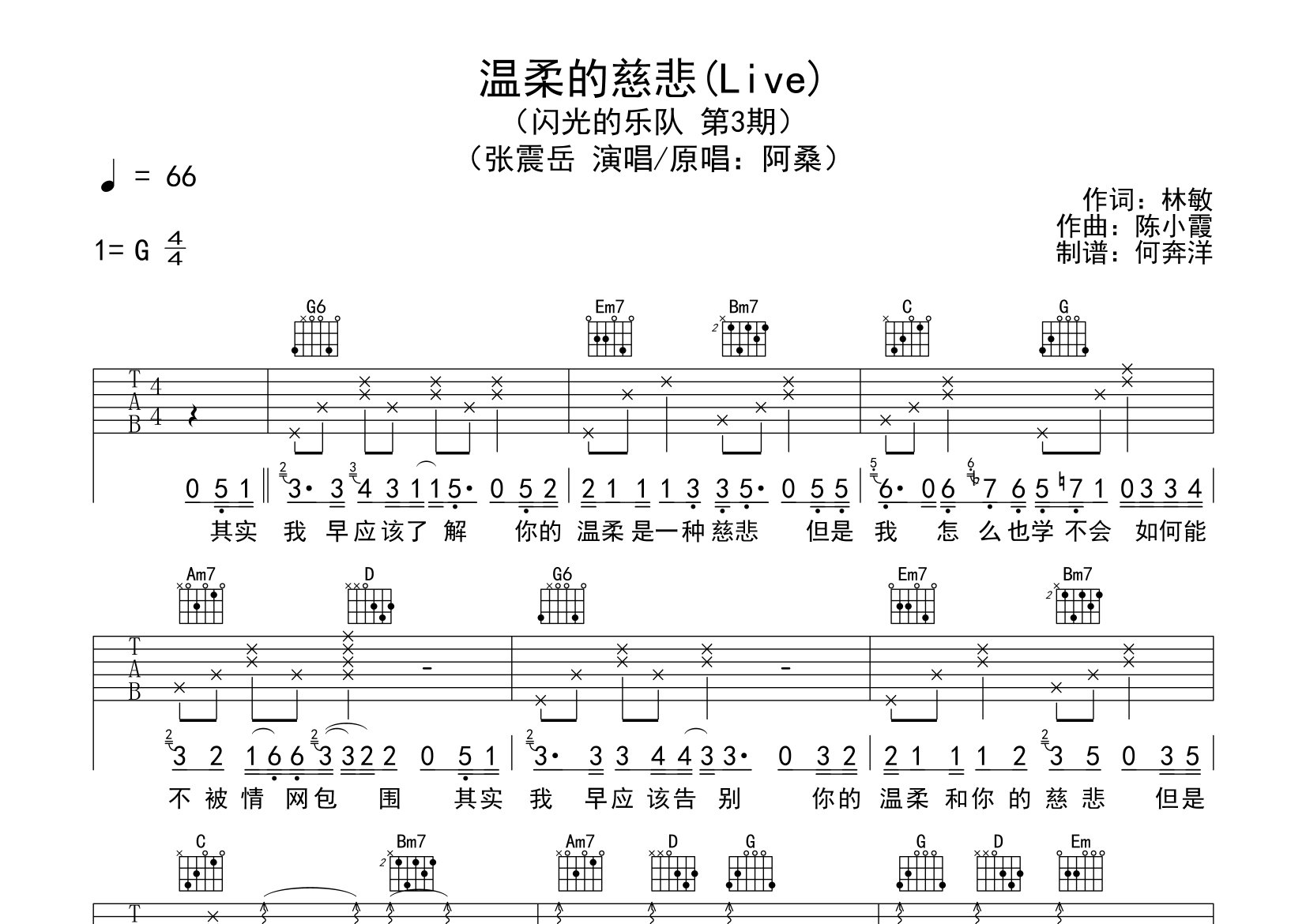 温柔的慈悲吉他谱_张震岳_G调弹唱六线谱_飞韵吉他上传