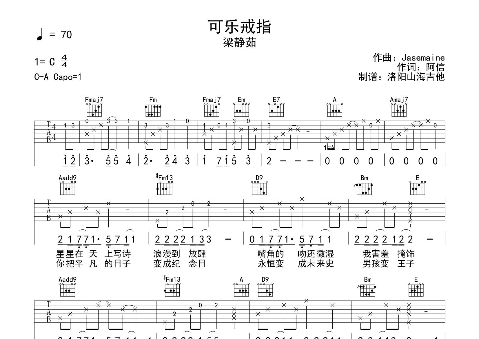 可乐戒指吉他谱_梁静茹_C调弹唱六线谱_飞韵吉他上传