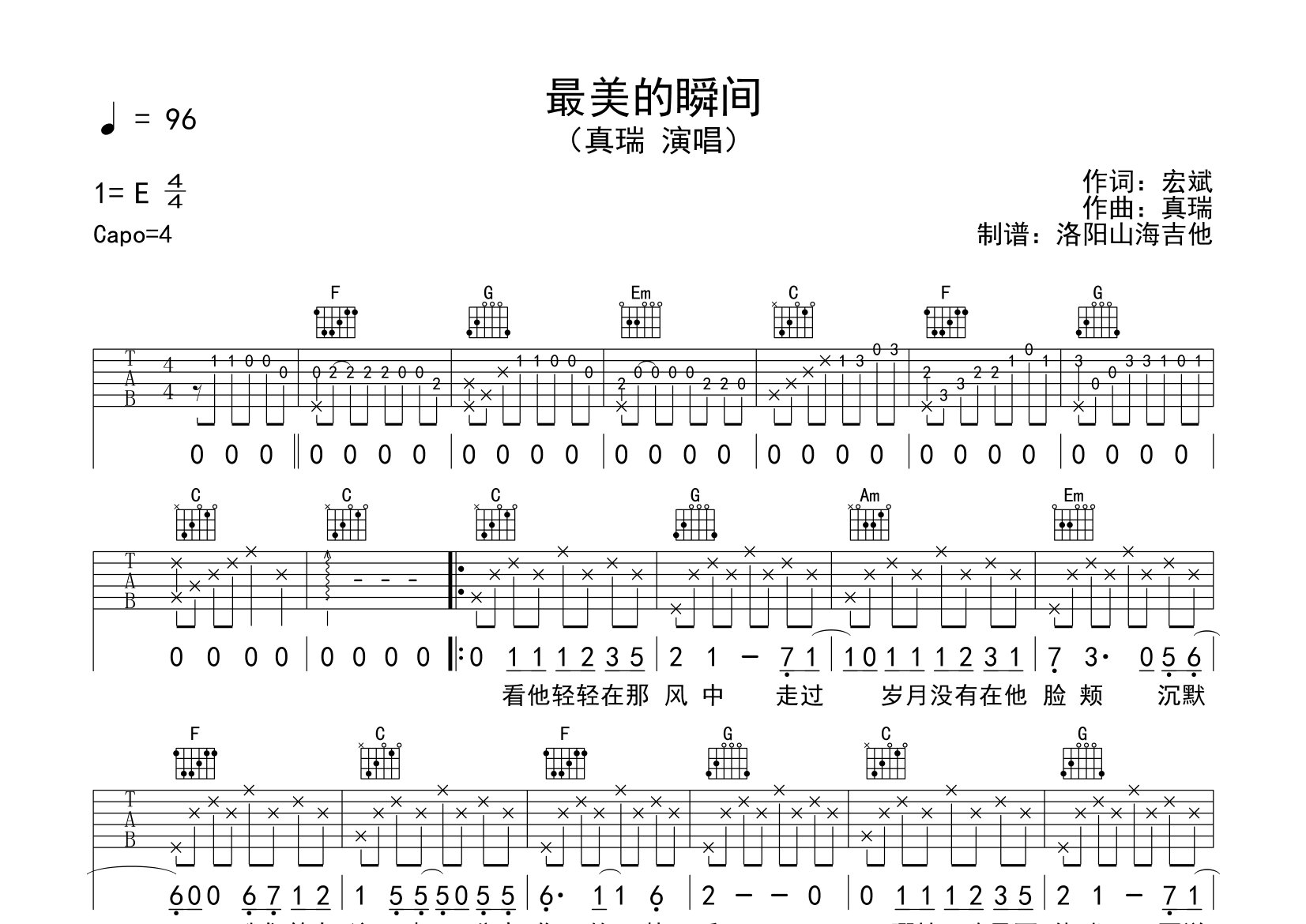最美的瞬间吉他谱_真瑞_C调弹唱六线谱_飞韵吉他上传