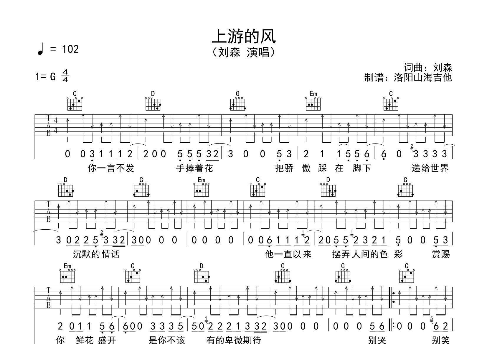 上游的风吉他谱_刘森_G调弹唱六线谱_飞韵吉他上传
