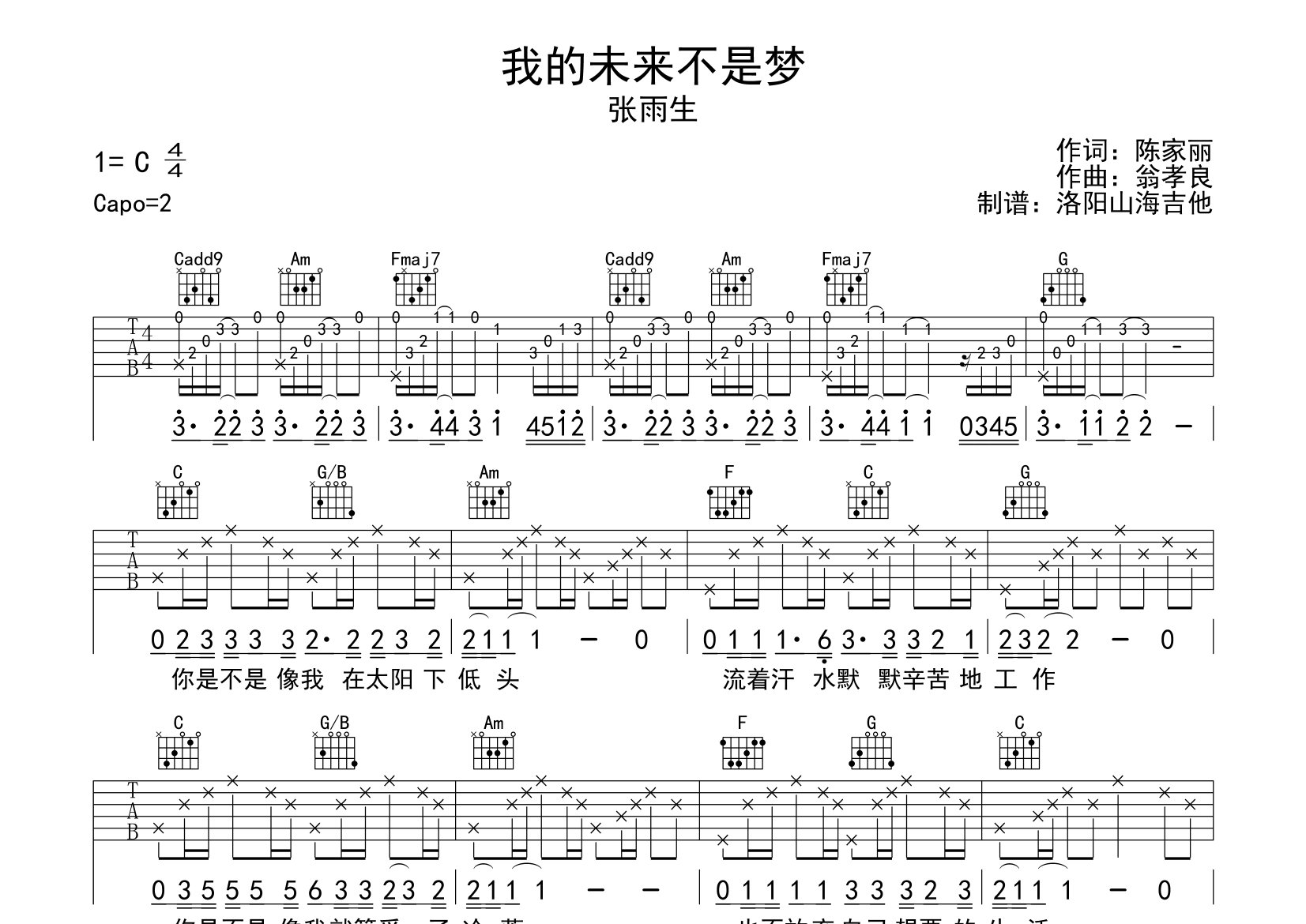 我的未来不是梦吉他谱_张雨生_C调弹唱六线谱_飞韵吉他上传