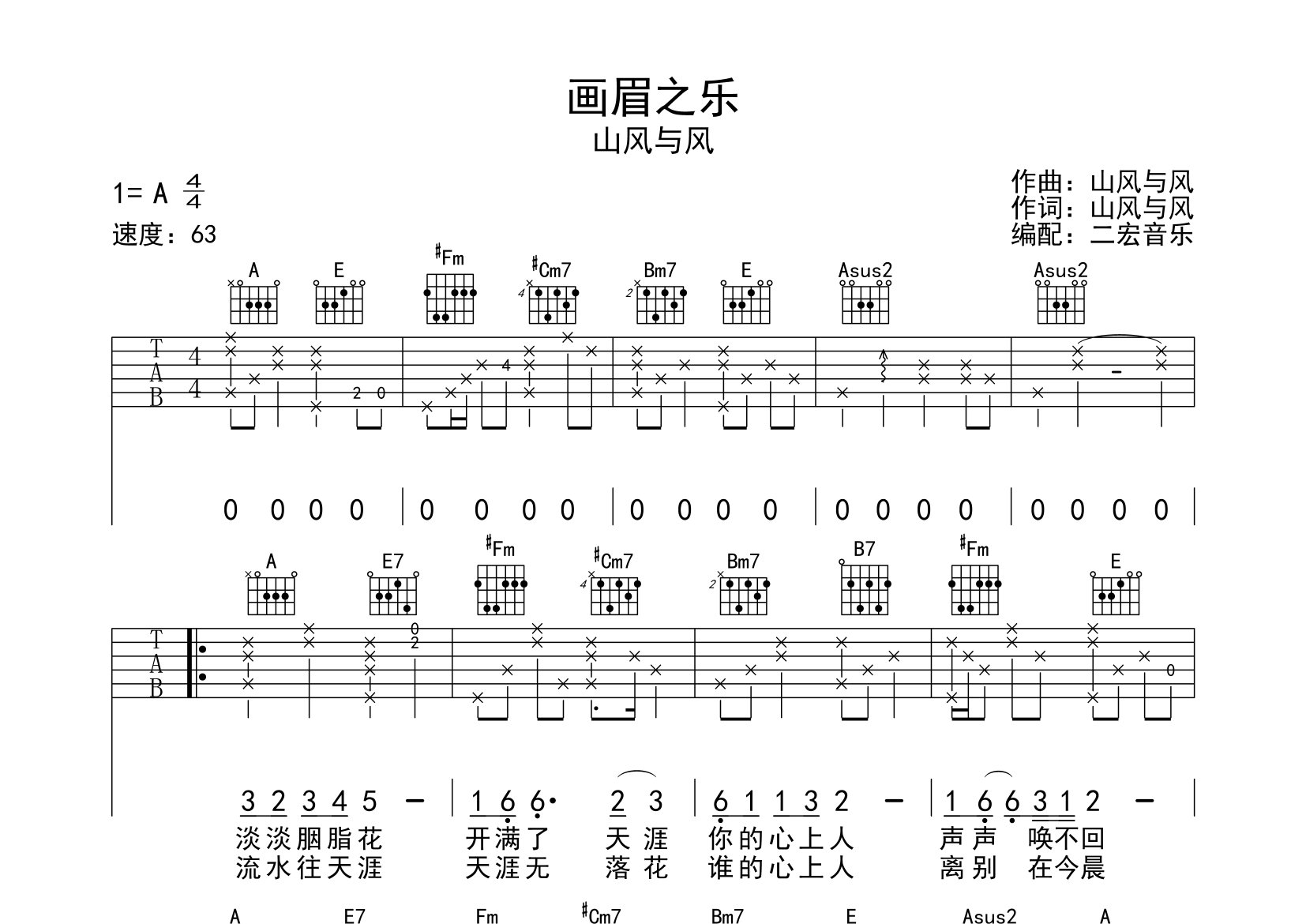 画眉之乐吉他谱_山风与凤_A调弹唱六线谱_二宏吉他上传