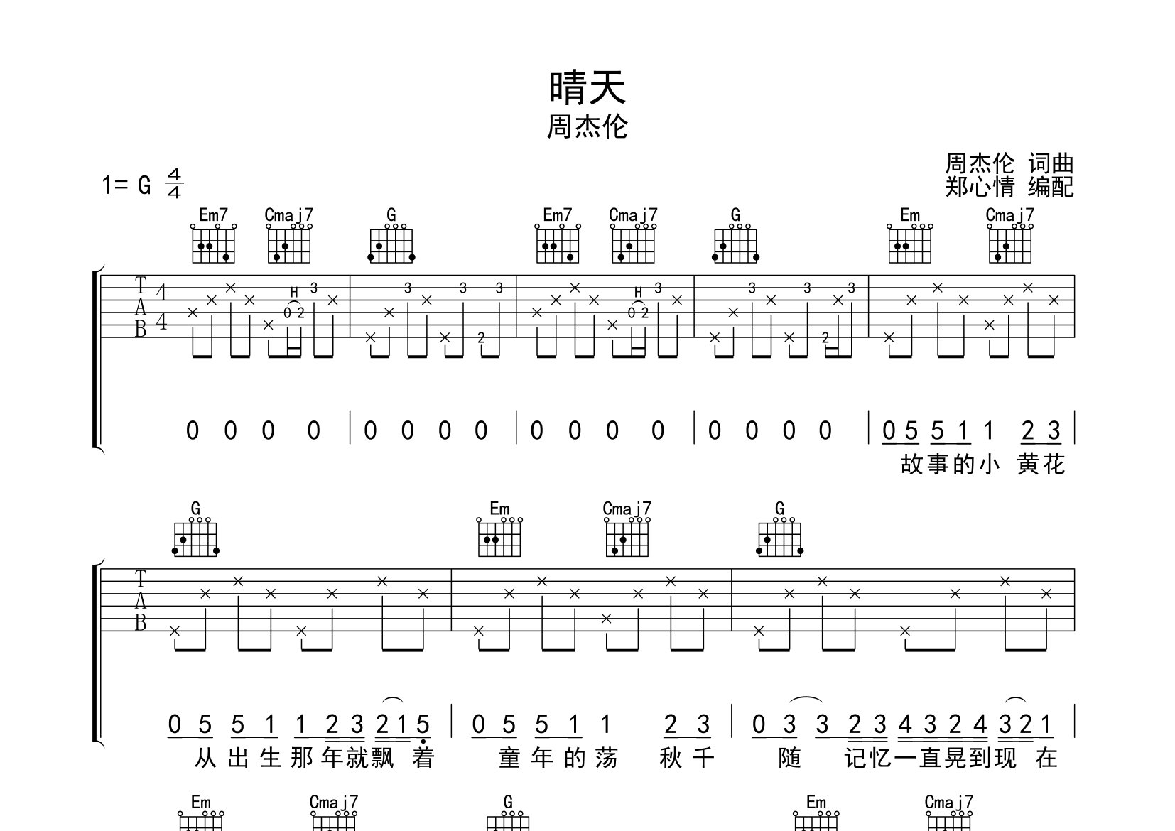 晴天吉他譜_周杰倫_g調彈唱六線譜_鄭心情上傳