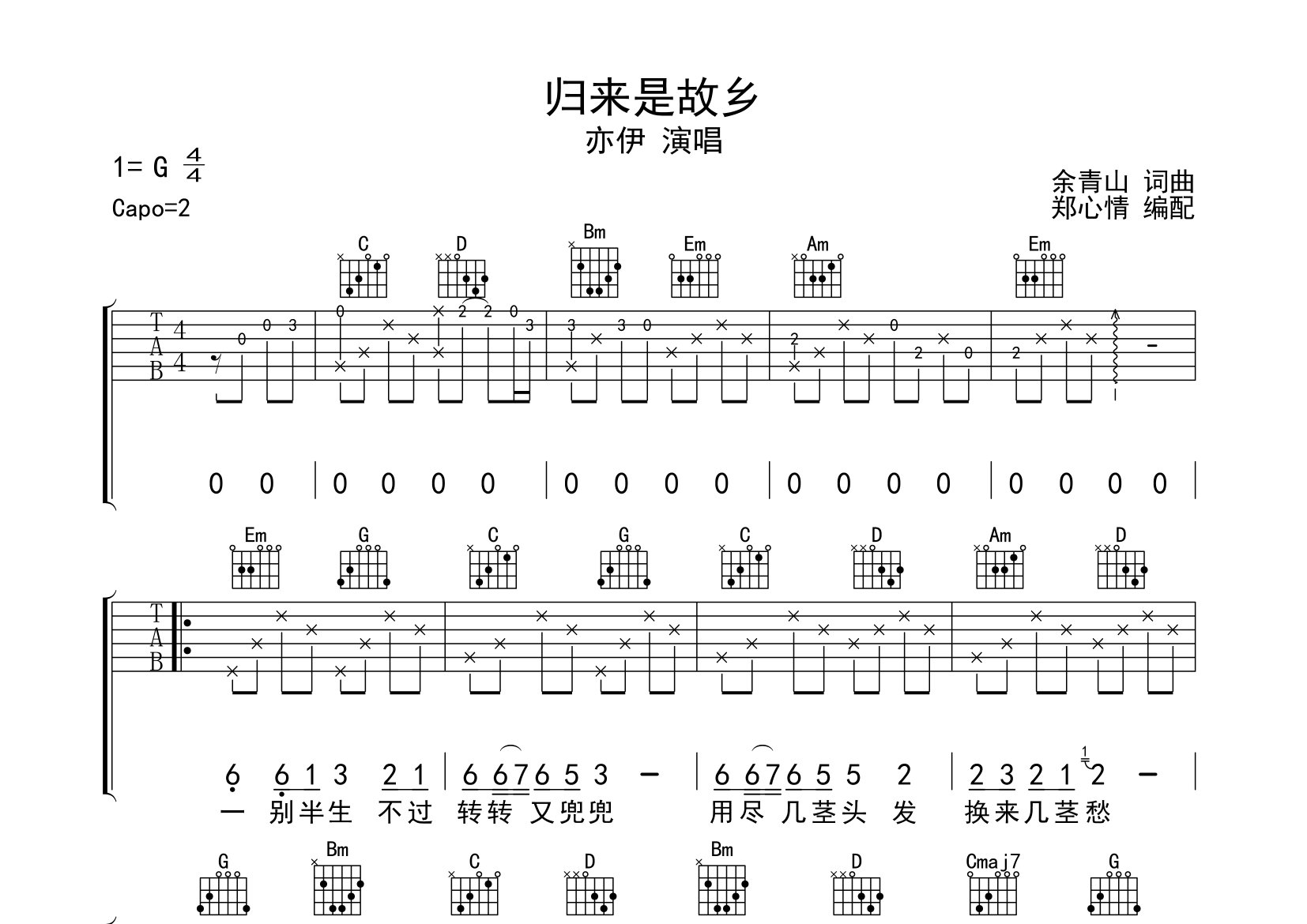 归来是故乡吉他谱_亦伊_G调弹唱六线谱_郑心情上传