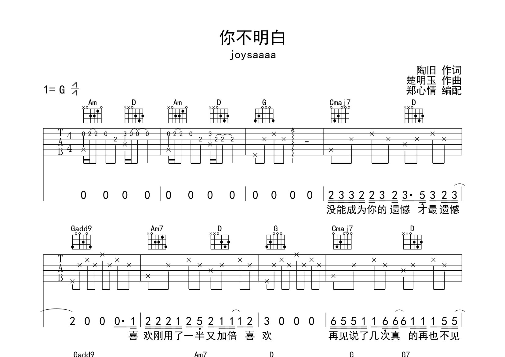 你不明白吉他谱_joysaaaa_G调弹唱六线谱_郑心情上传