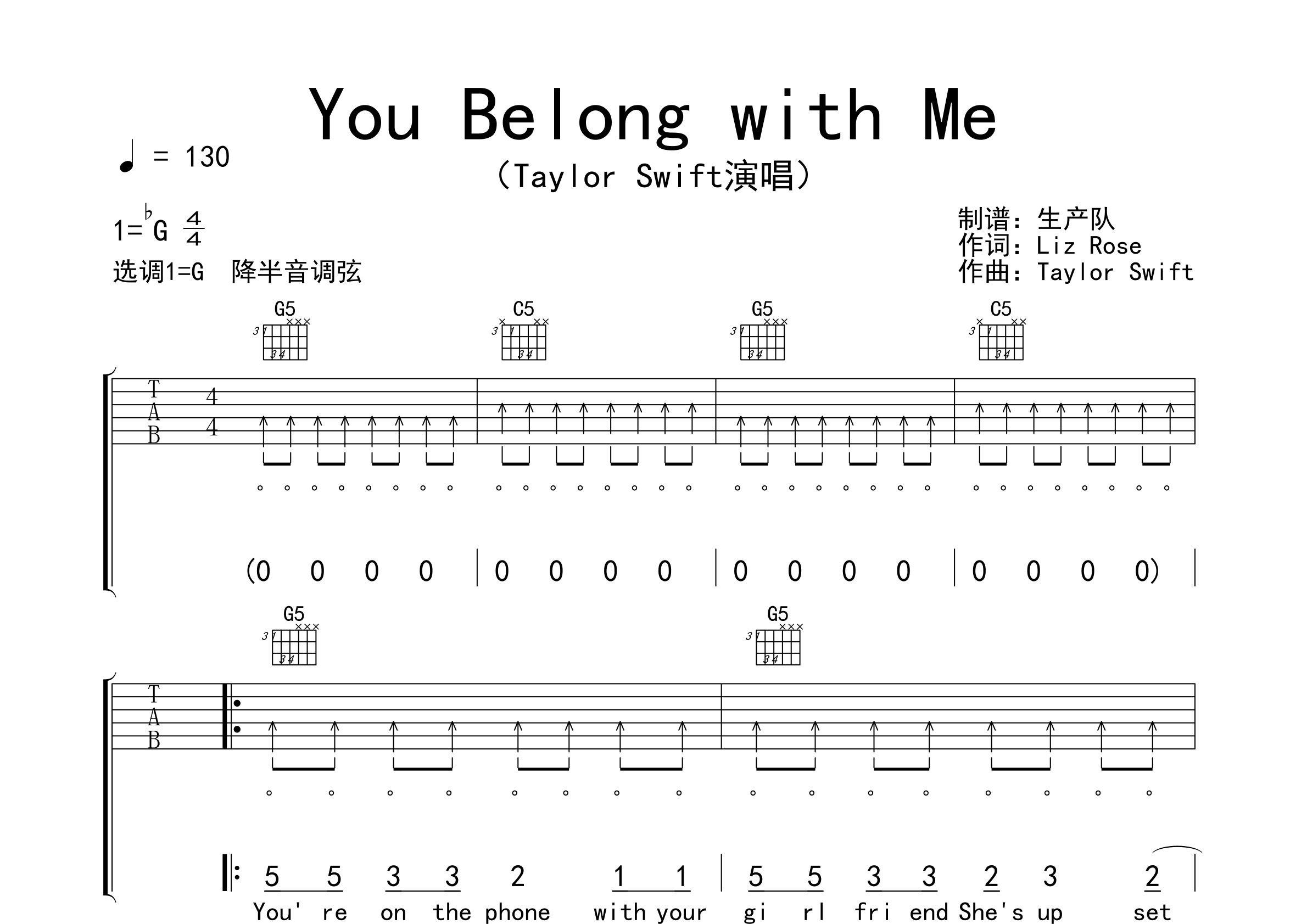 《you belong to me》,（六线谱 调六线吉他谱-虫虫吉他谱免费下载