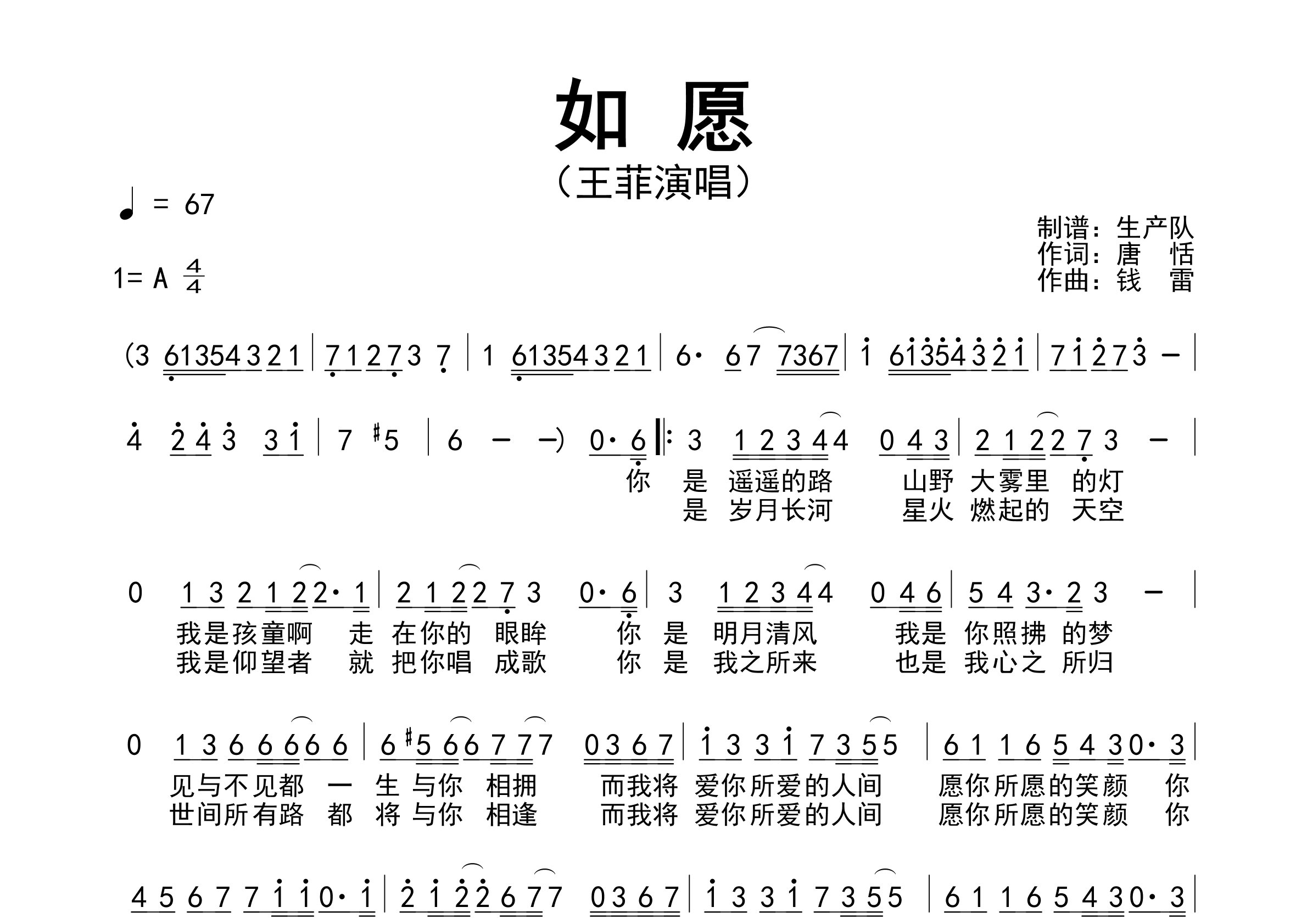 如愿简谱_王菲_如愿歌曲旋律简谱_生产队上传 - 吉他屋乐谱网