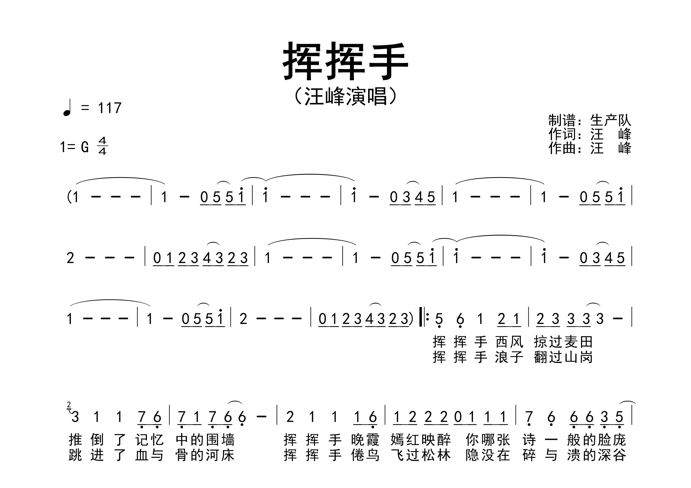 挥挥手简谱 汪峰 挥挥手歌曲旋律简谱 生产队上传 - 吉他屋乐谱网