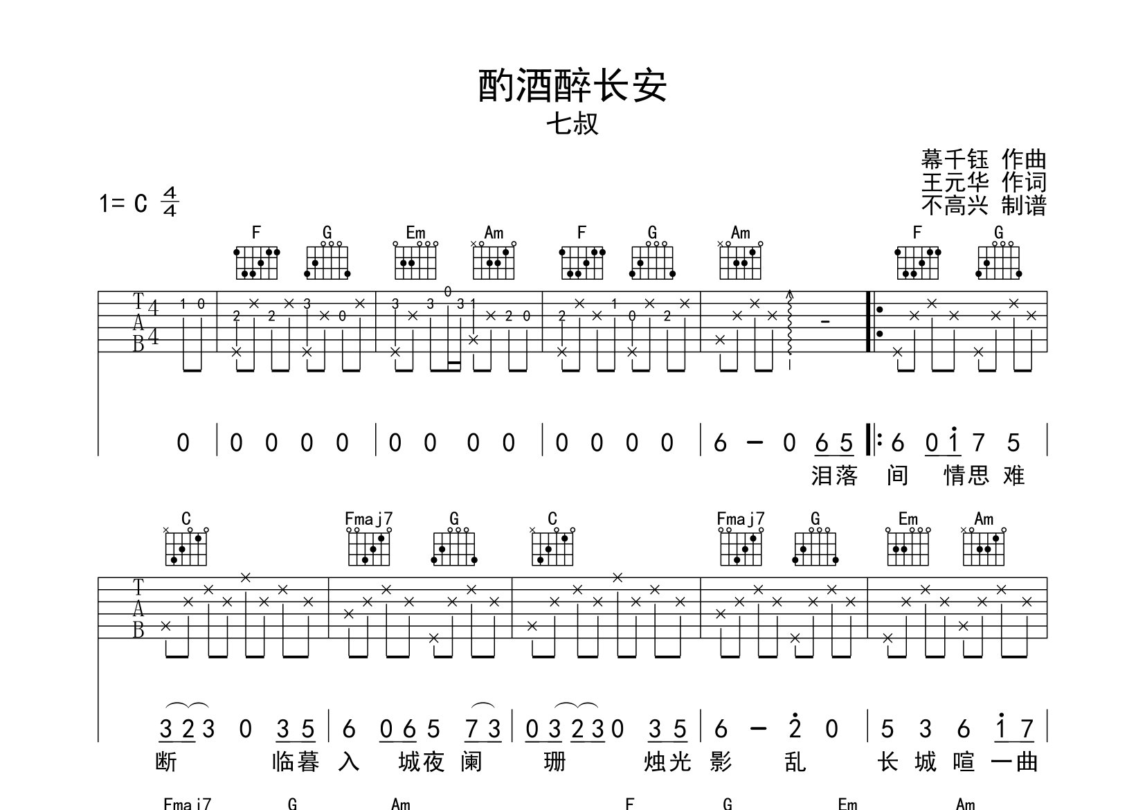 酌酒醉长安吉他谱_七叔_c调指法原版编配_吉他弹唱六线谱 酷琴谱