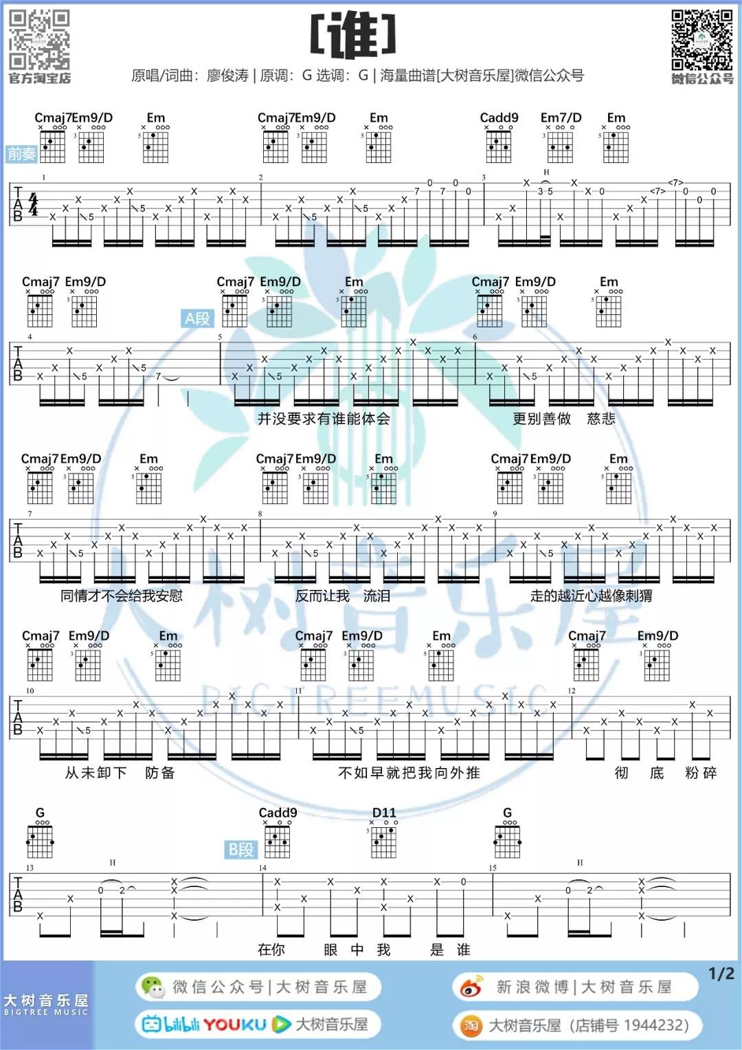 谁吉他谱1-廖俊涛-g调指法