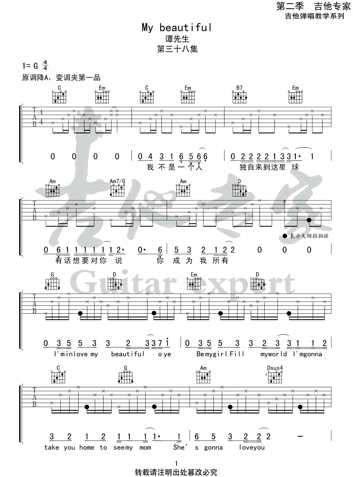 my-beautiful吉他谱1-谭先生-g调指法