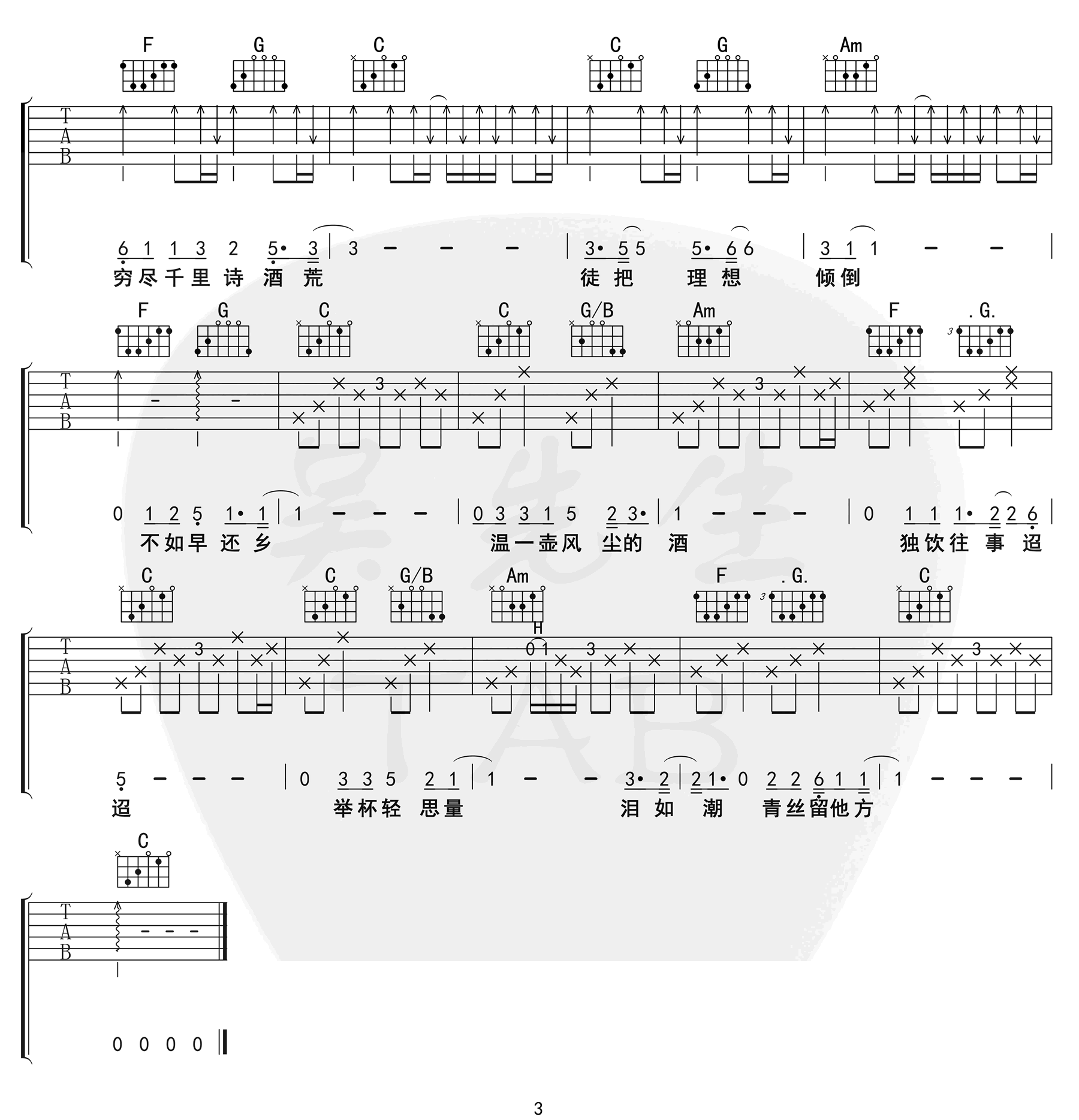 旧词吉他谱3-愚青-c调指法