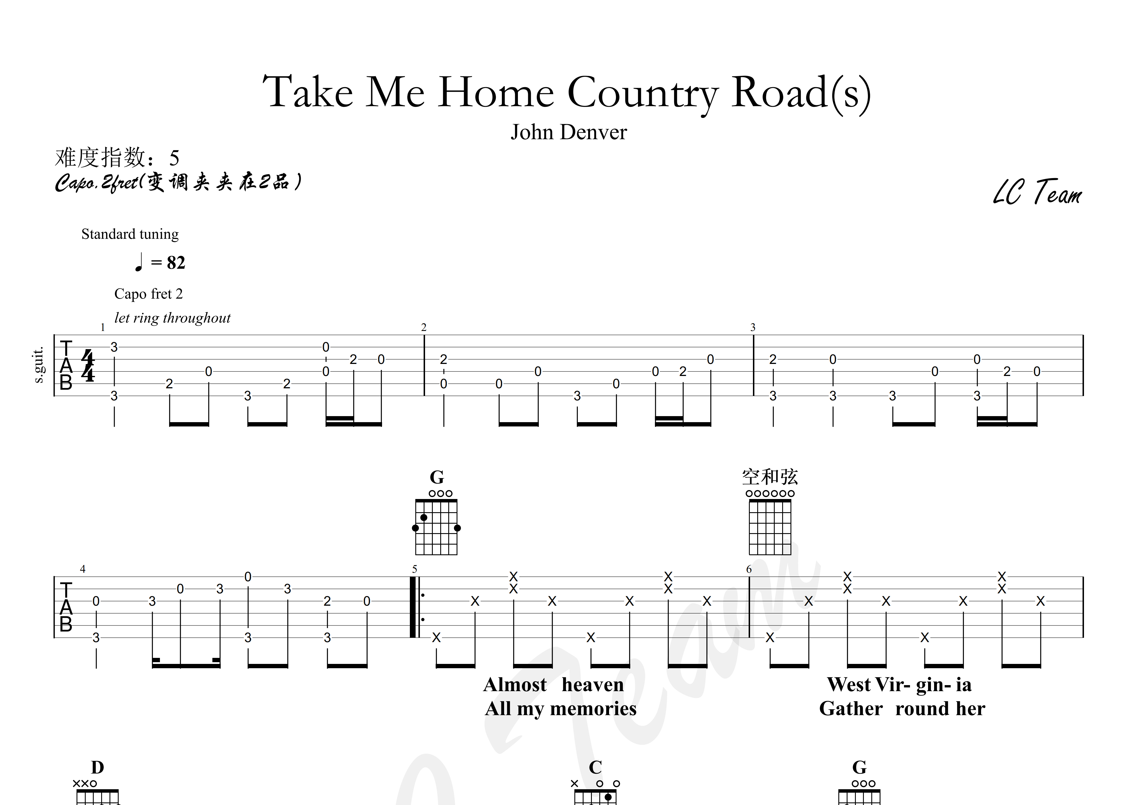 Take Me Home Country Roads吉他谱 John Denver G调简单版 吉他屋乐谱网